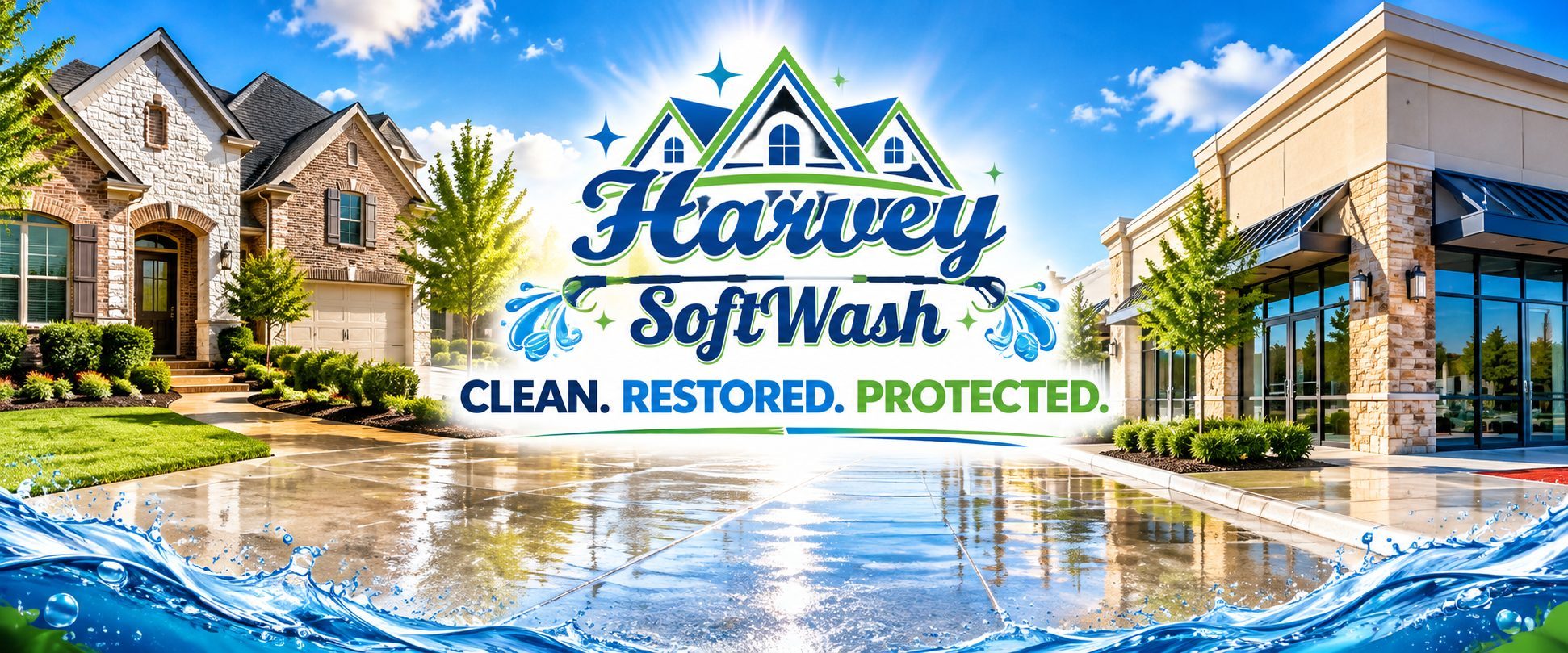 Harvey Softwash — Clean. Restored. Protected. A clean home on the left and a commercial storefront on the right, with freshly washed concrete between them.